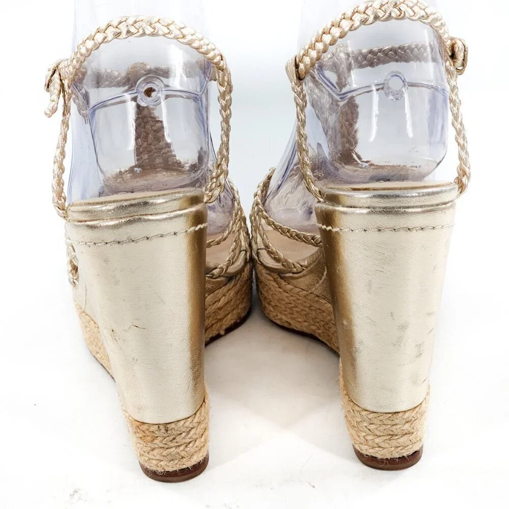 LK BENNETT Gold Leather Braided‎ Woven Espadrille Platform Wedge Heel